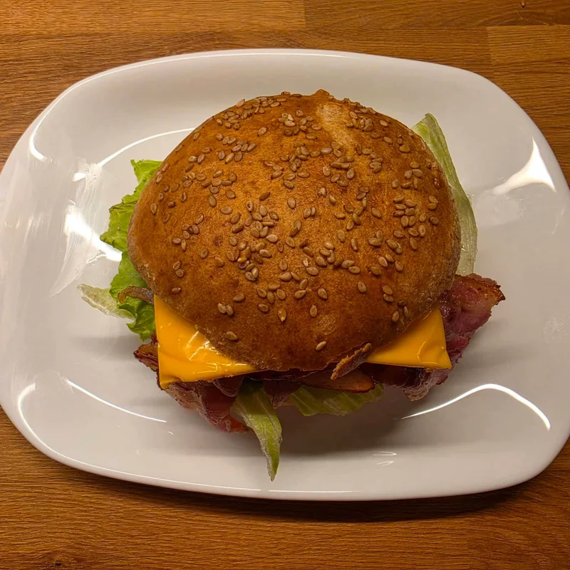 Hamburgerbrötchen, fertiges Gericht auf dem Hauptfoto